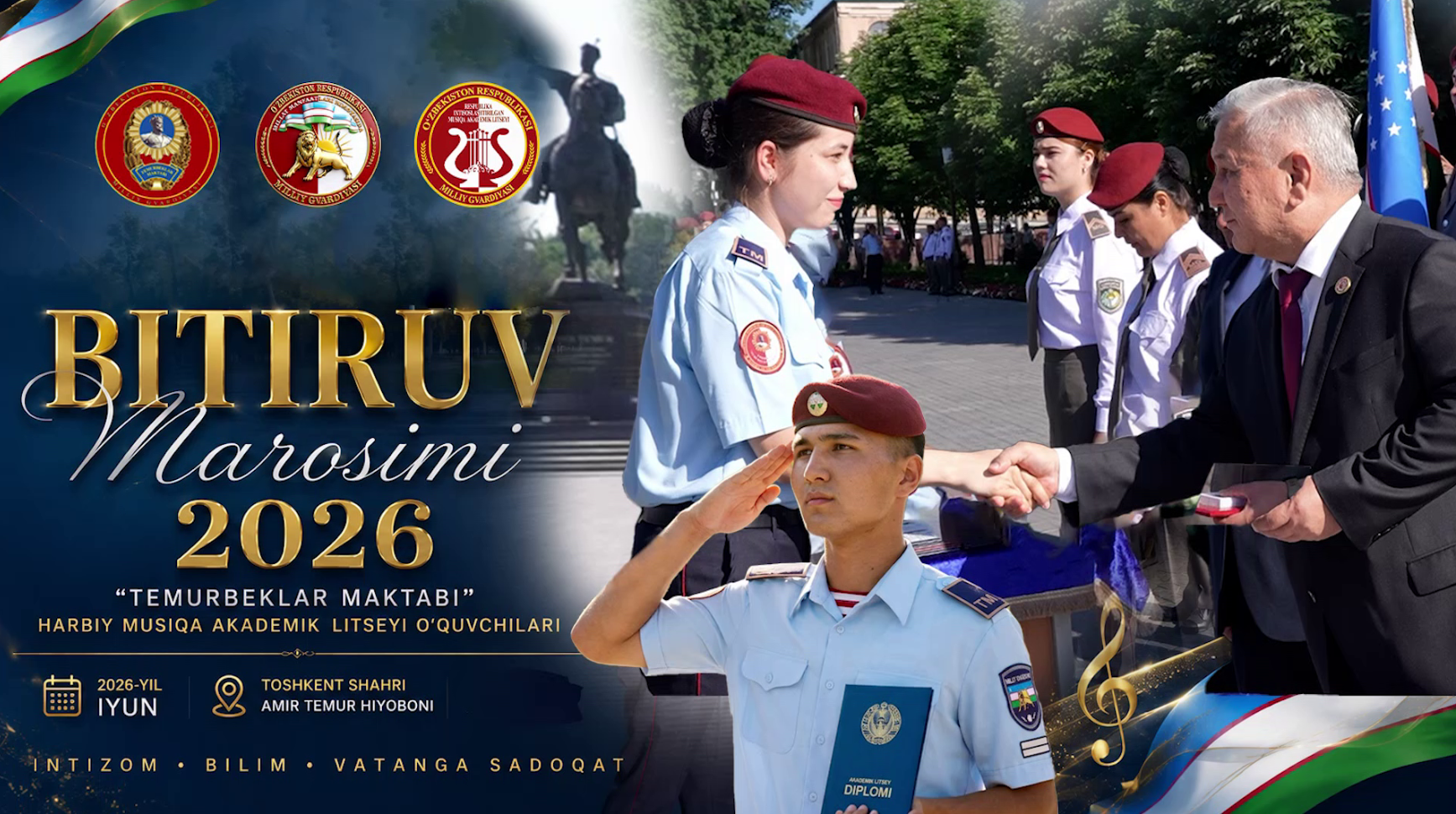 Bugun poytaxtimizdagi Amir Temur xiyobonida Milliy gvardiya Toshkent “Temurbeklar maktabi” hamda Harbiy musiqa akademik litseyi o‘quvchilarining bitiruviga bag‘ishlangan tantanali marosim bo‘lib o‘tdi.